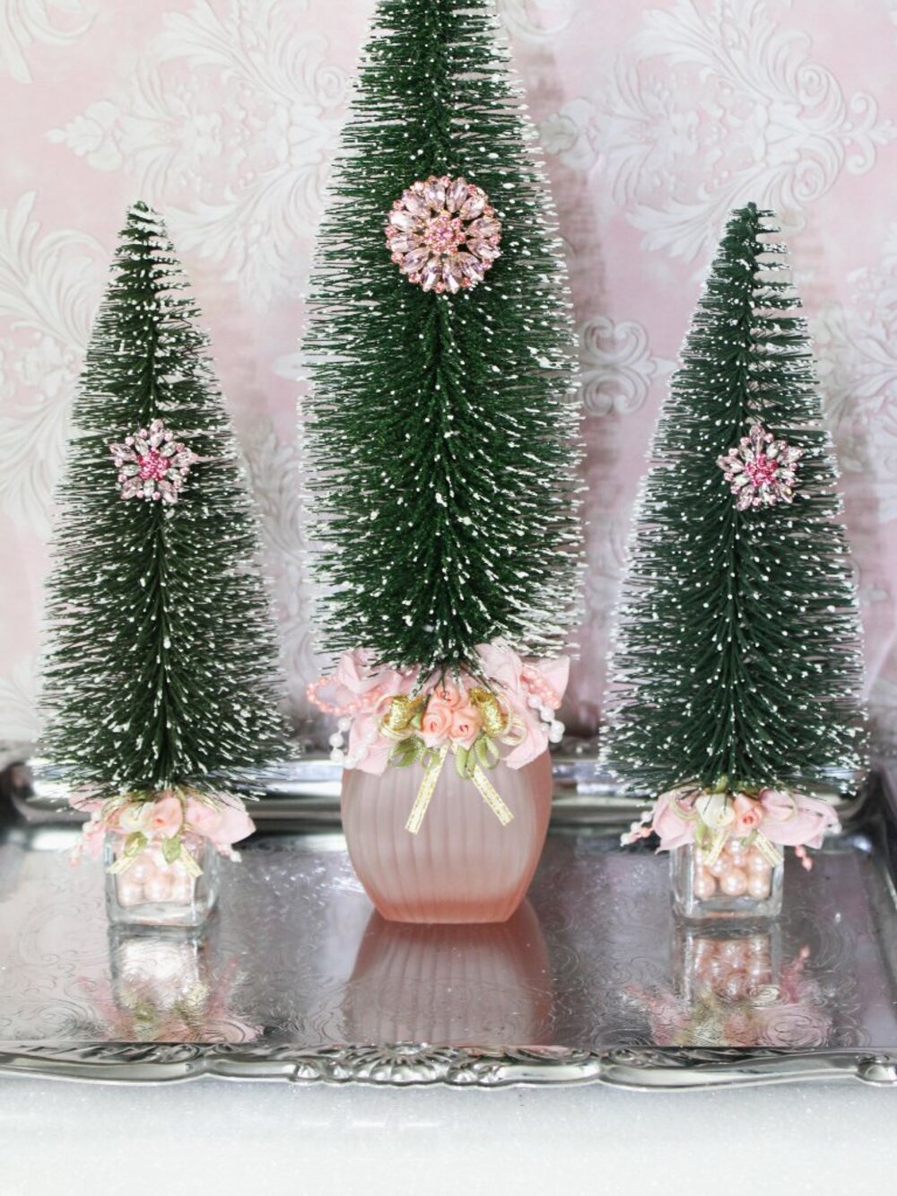 Bottle Brush Christmas Trees 3 - with Vintage Style Pink Rhinestone Brooches